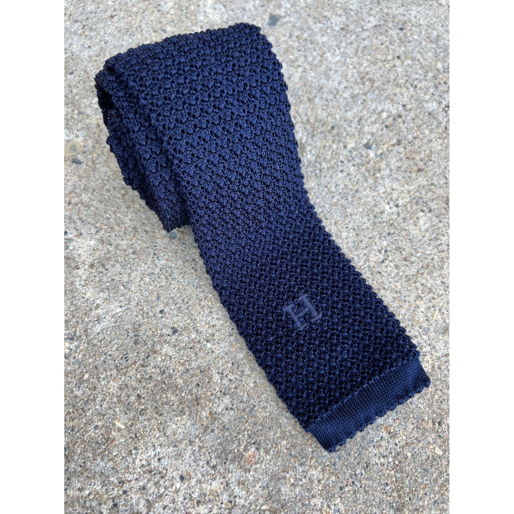 Authentic Hermes 100% Silk Navy Blue Knit Men's Tie H Logo Tricot France